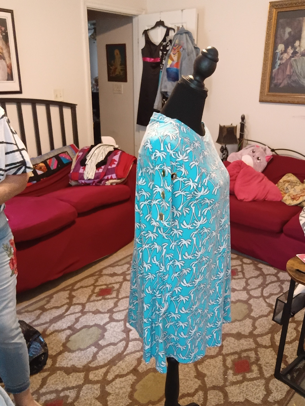 crown & ivy Turquoise Palm-Print Short Sleeve Dress Rivets Sleeves Extra Small - Picture 4 of 7